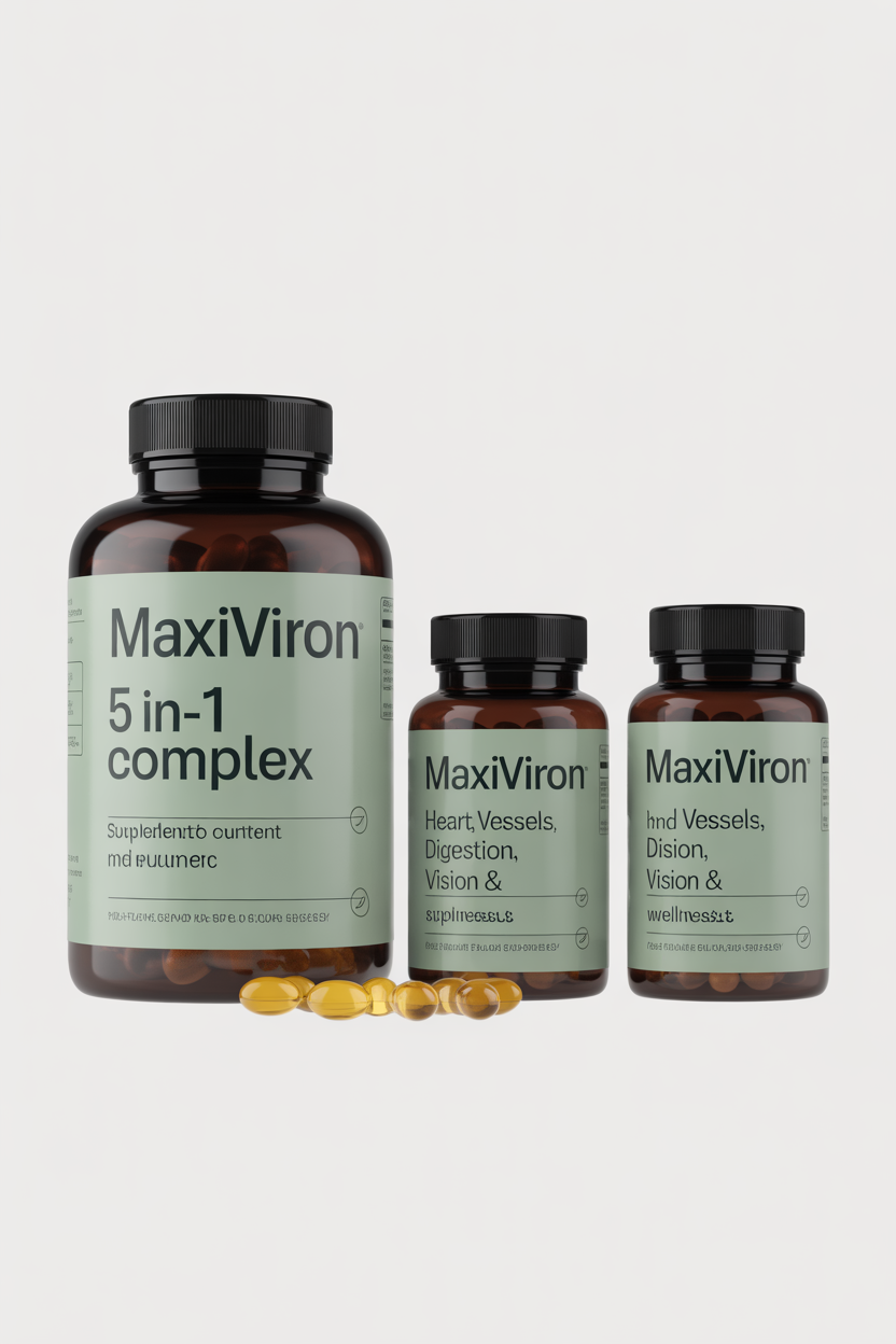 Maxiviron 5-in-1 complex supplement bottle and capsules for heart, vessels, digestion, vision and wellness